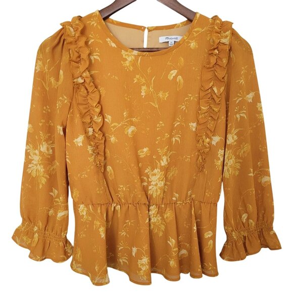 Madewell Tops - Madewell Ruffle Shoulder Peplum Top Womens Size XS Tonal Botanical Boho Peasant